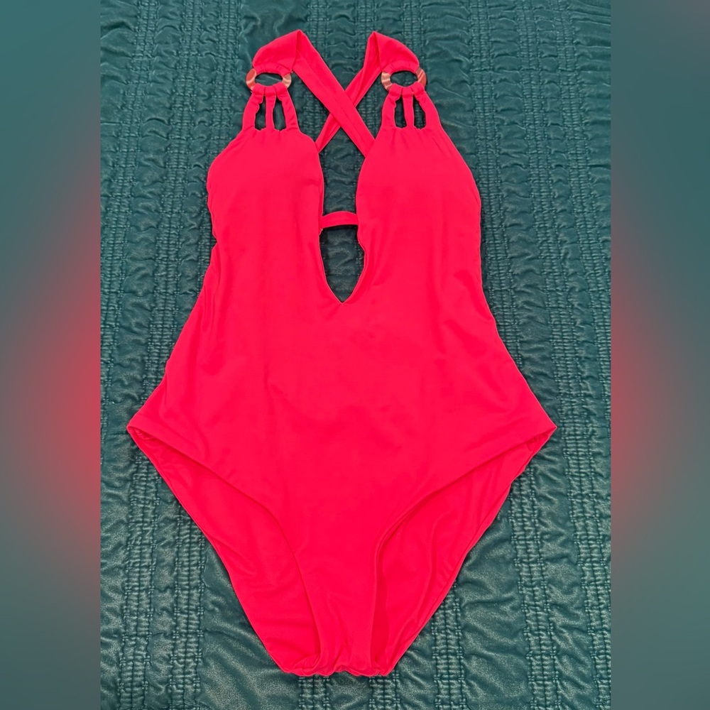 Becca by Rebecca Virtue Neon Pink One Piece Swimsuit Cutout Ring Detail